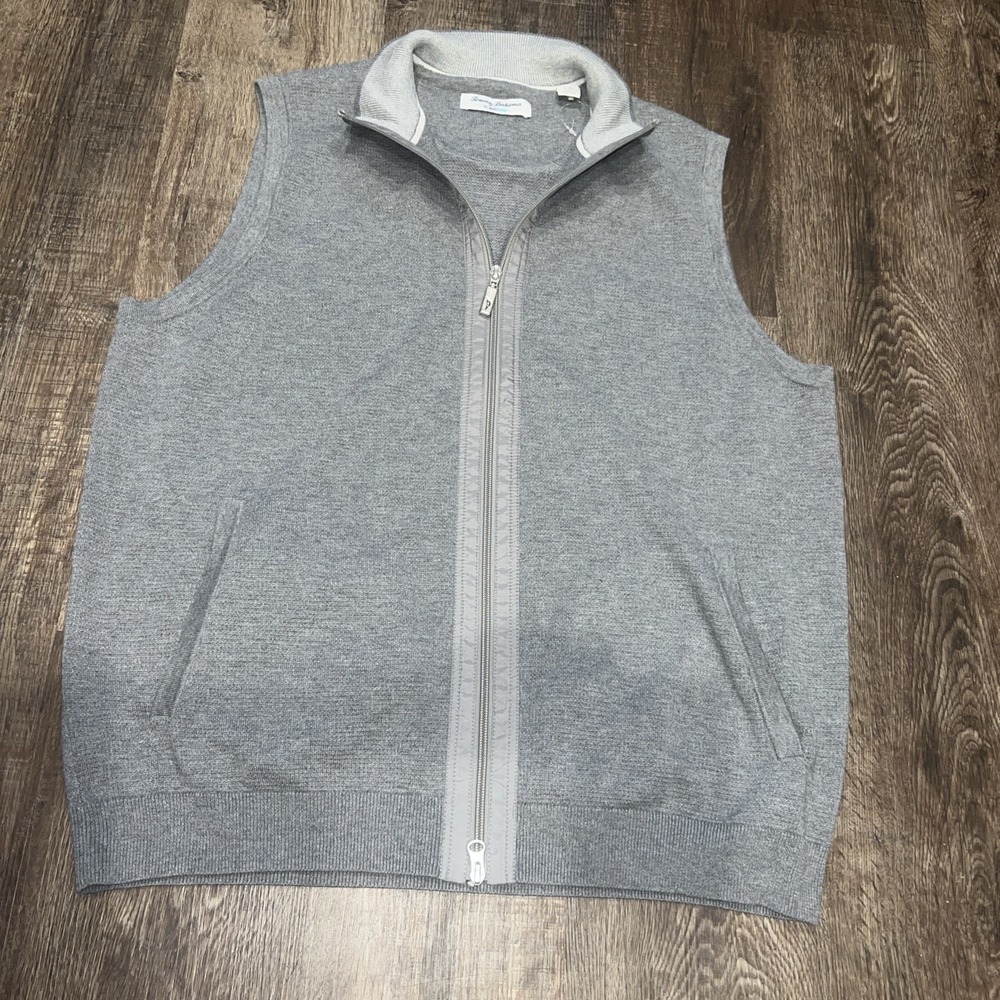 Tommy Bahama~LARGE~Sweater Vest Mens Gray IslandZone Coolside Full Zip Knit Golf